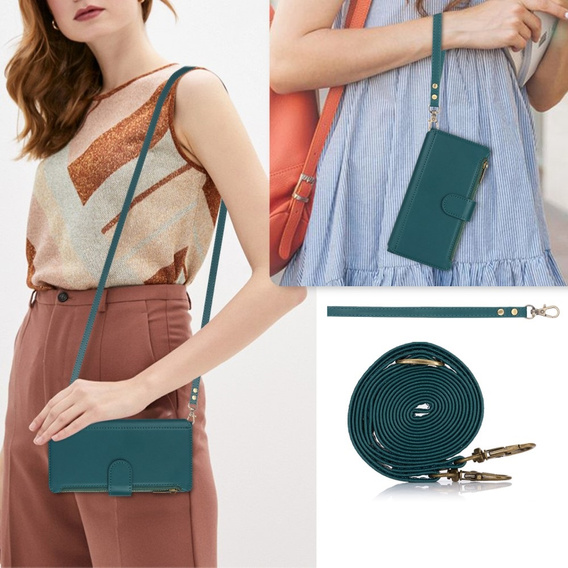 Etui z klapką do Samsung Galaxy S24 Ultra, Wallet Zipper Pocket RFID, z paskiem na ramię, zielone