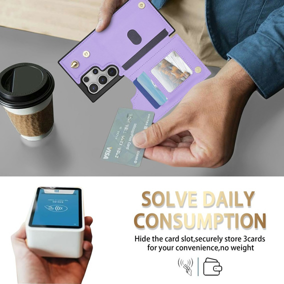 Etui do Samsung Galaxy S25 Ultra z kieszeniami na karty, paskiem i funkcją podstawki – fioletowe