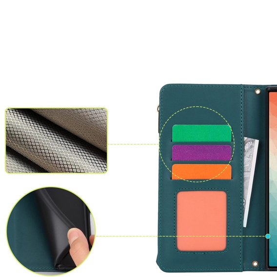 Etui z klapką do Samsung Galaxy S24 Ultra, Wallet Zipper Pocket RFID, z paskiem na ramię, zielone