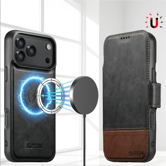 Etui z klapką 2w1 do iPhone 17 Pro, SUTENI, do MagSafe, czarne