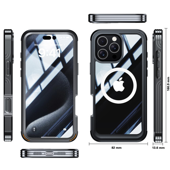 Etui do iPhone 16 Pro Max, Shockproof, ze szkłem, do MagSafe, czarne