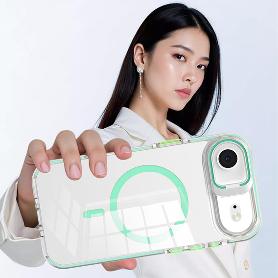Etui do iPhone 17 Air, do MagSafe, z podstawką, transparentne z zielonymi wstawkami