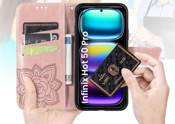 Etui z klapką do Infinix Hot 50 Pro+ 4G, Butterfly, różowe rose gold