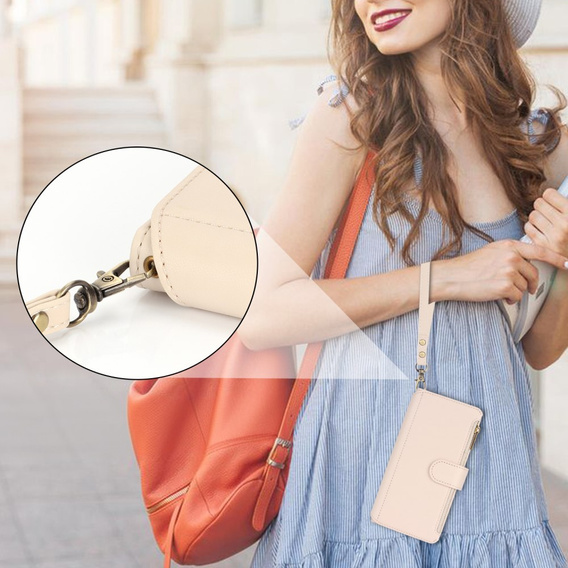 Etui z klapką do Samsung Galaxy S24, Wallet Zipper Pocket RFID, z paskiem na ramię, białe