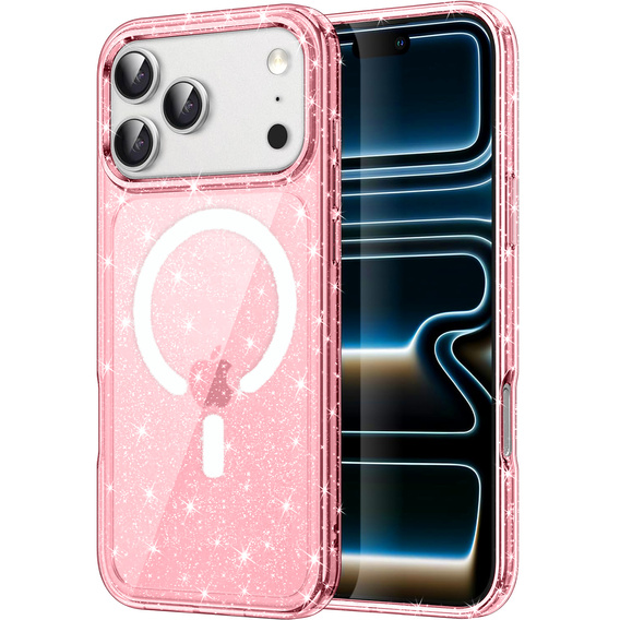 Etui do iPhone 17 Pro, do MagSafe, brokat, przezroczyste różowe