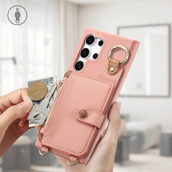 Etui do Samsung Galaxy S25 Ultra – z klapką, kieszonkami i paskiem, różowe
