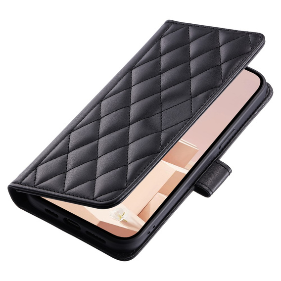 Etui z klapką do iPhone 16, Rhombus Crossbody Leather, czarne