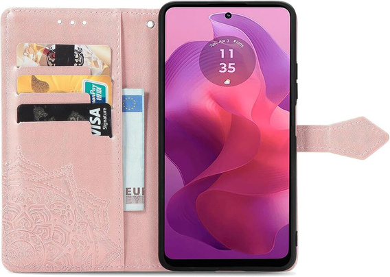 Etui z klapką do Motorola Moto E14, Mandala, różowe
