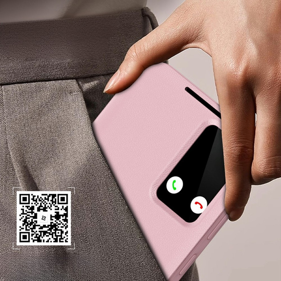 Etui do Samsung Galaxy S25 Edge – skórzane z okienkiem Smart View i kieszenią na kartę, różowe