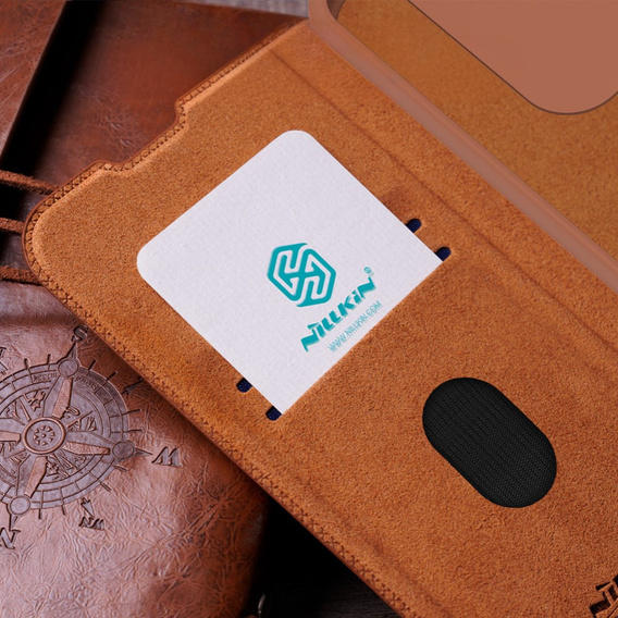 Etui z klapką NILLKIN do Samsung Galaxy A55 5G, CamShield Qin Pro, skórzane, brązowe