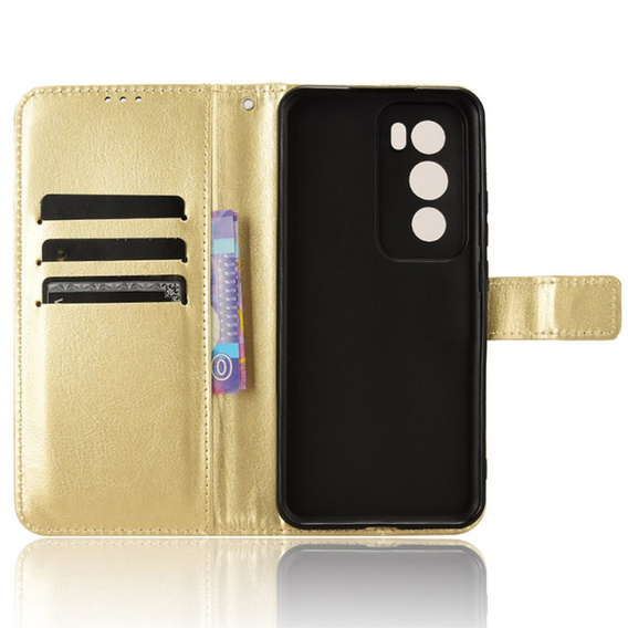 Etui z klapką do Oppo Reno 12, Crazy Horse Wallet, złote