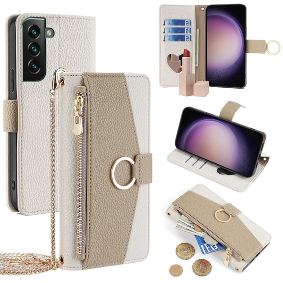 Etui z klapką do Samsung Galaxy S23 FE, Wallet Zipper Pocket, z lusterkiem, białe