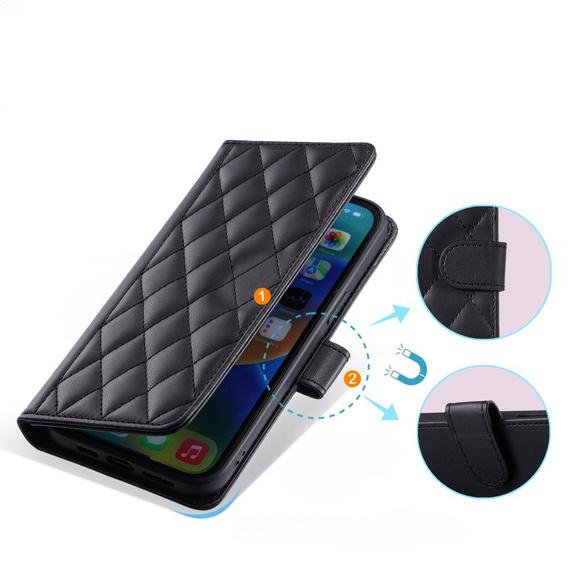 Etui z klapką do iPhone 16, Rhombus Crossbody Leather, czarne