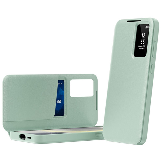 Etui do Samsung Galaxy S25 Edge – skórzane z okienkiem Smart View i kieszenią na kartę, zielone