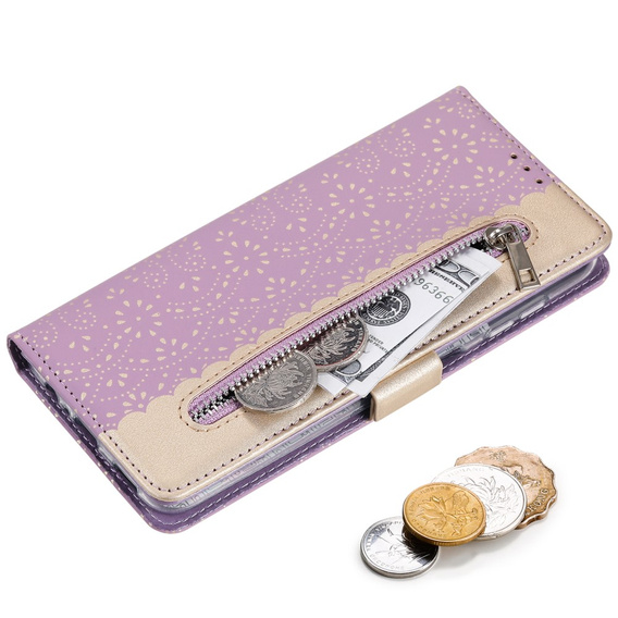 Etui z klapką do Samsung Galaxy A54 5G, Wallet Pocket Zipper Lace, fioletowe