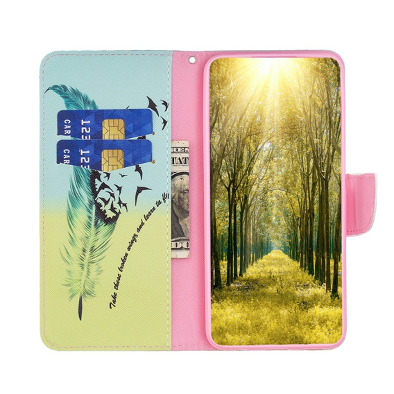 Etui z klapką do Motorola Moto G84 5G, Wallet, Feather niebieskie / żółte