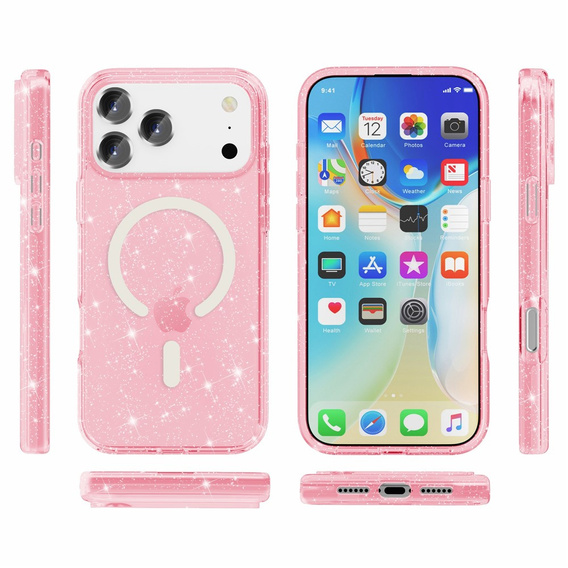 Etui do iPhone 17 Pro, do MagSafe, brokat, przezroczyste różowe