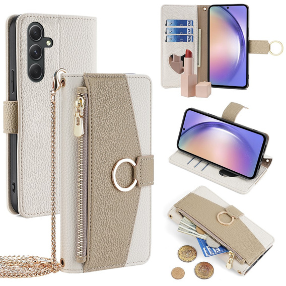 Etui z klapką do Samsung Galaxy A54, Wallet Zipper Pocket, z lusterkiem, białe