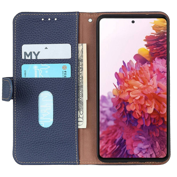 Skórzane Etui KHAZNEH RFID do OnePlus 12R, Litchi Texture, niebieskie
