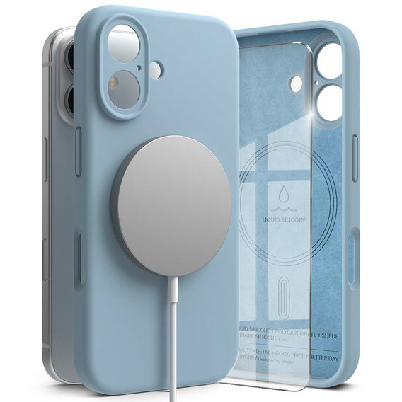 Etui Ringke do iPhone 16, Silicone MagSafe, niebieskie + Szkło Hartowane 9H