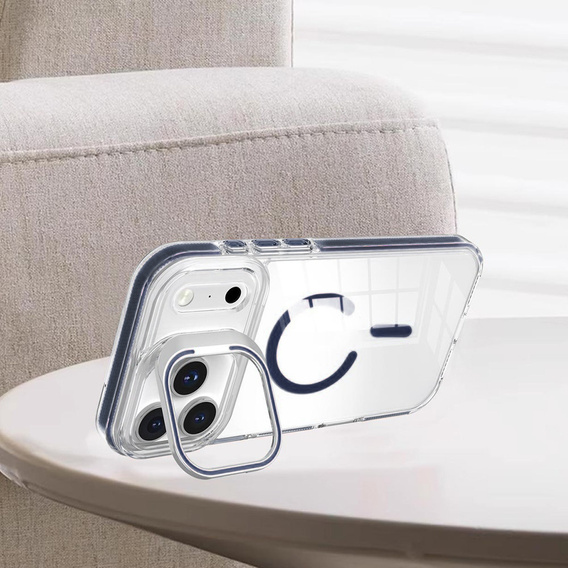 Etui do iPhone 17 Pro, do MagSafe, z podstawką, transparentne z granatowymi wstawkami
