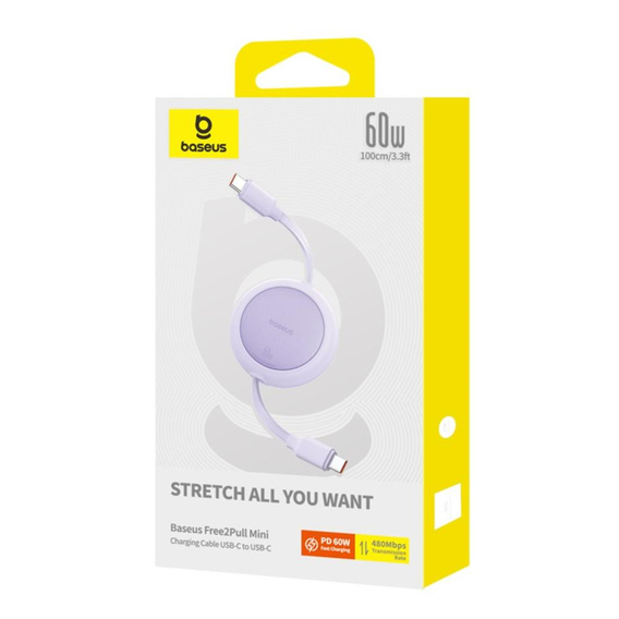 Baseus Free2Pull Mini – zwijany kabel USB‑C 60W, 1m - fioletowy