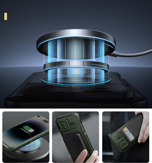 Etui pancerne do iPhone 14 Pro Max, Dexnor CamProtect MagSafe, zielone (Dwie ramki)