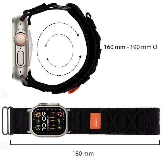 Pasek Nylonowy ERBORD Runner do Apple Watch 1/2/3/4/5/6/7/8/9/10/11/SE Ultra 1/2/3 42/44/45/46/49mm, Czarny