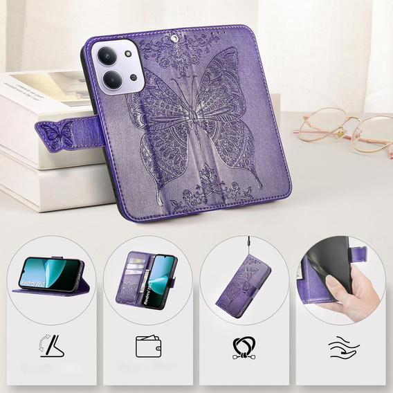 Etui z klapką do Xiaomi Redmi 15C 4G/LTE, Butterfly, fioletowe
