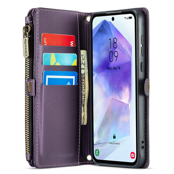Etui CASEME do Samsung Galaxy A55 5G, RFID Leather Wallet, z paskiem na ramię, fioletowe