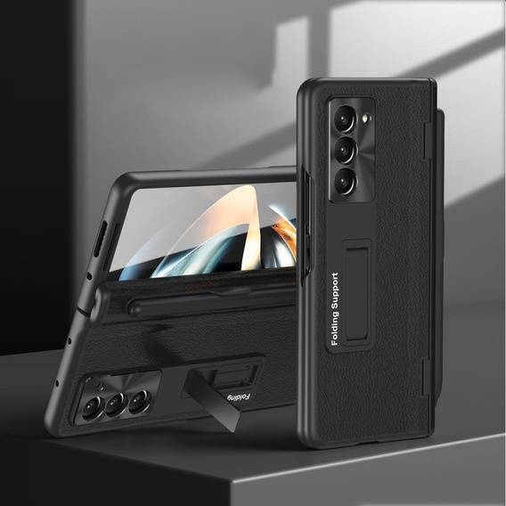 Etui do Samsung Galaxy Z Fold 5 5G, z podstawką, szkłem i rysikiem, skórzane, czarne