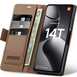 Etui do Xiaomi 14T, ERBORD Glossy Litchi, portfel z klapką, brązowe