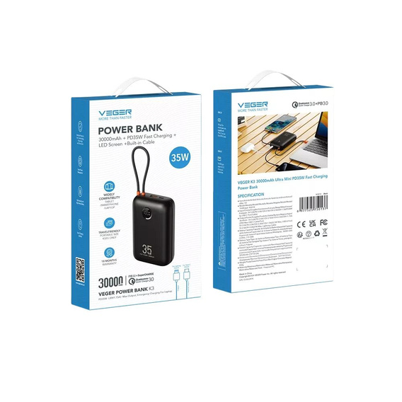 Powerbank VEGER K3 30000 mAh z kablami USB-C i Lightning, szybkie ładowanie 35W – Czarny