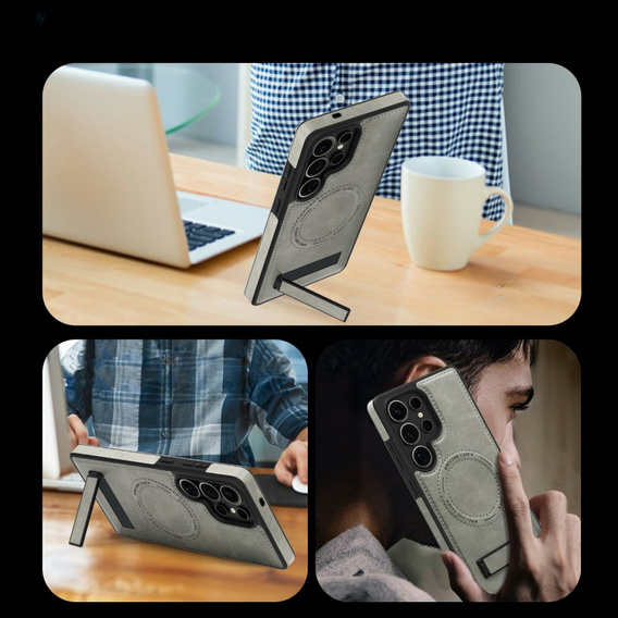 Etui skórzane z podstawką do Samsung Galaxy S25 Ultra – kompatybilne z MagSafe, szare