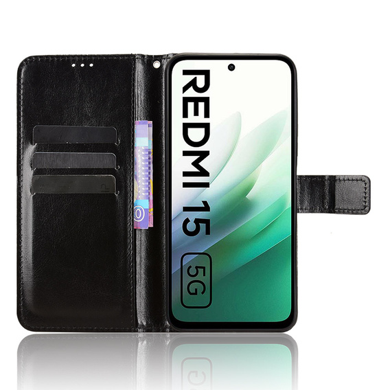 Etui z klapką do Xiaomi Redmi 15 5G / 4G, z fakturą Crazy Horse, czarne