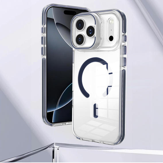 Etui do iPhone 17 Pro Max, do MagSafe, z podstawką, transparentne z granatowymi wstawkami