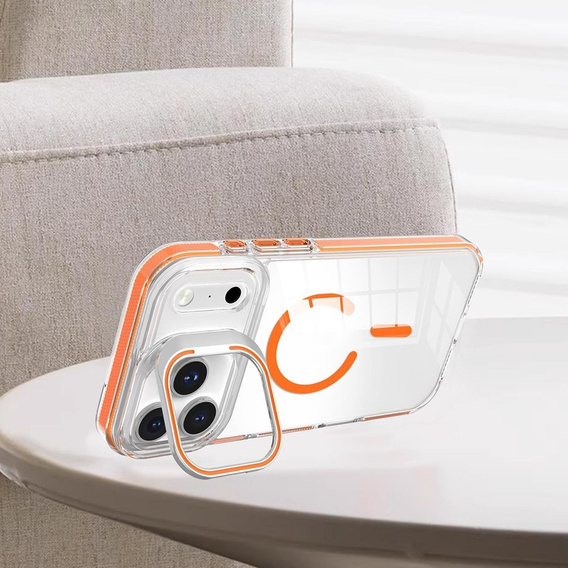 Etui do iPhone 17 Pro, do MagSafe, z podstawką, transparentne z pomarańczowymi wstawkami