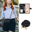 Etui z klapką do iPhone 16, Rhombus Crossbody Leather, czarne