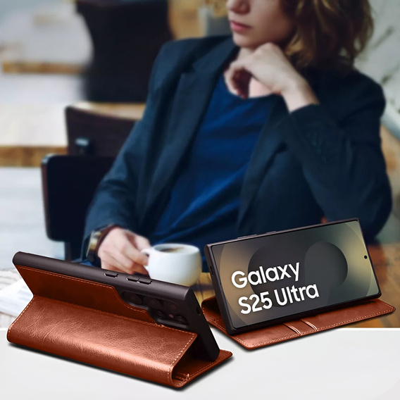 Etui z klapką do Samsung Galaxy S25 Ultra, QIALINO Leather Wallet, brązowe