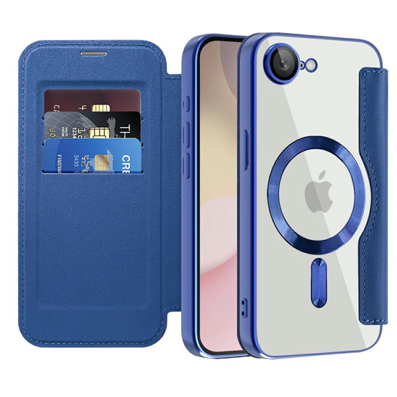 Etui z klapką do iPhone 16E, RFID Wallet MagSafe z ochroną aparatu, granatowe