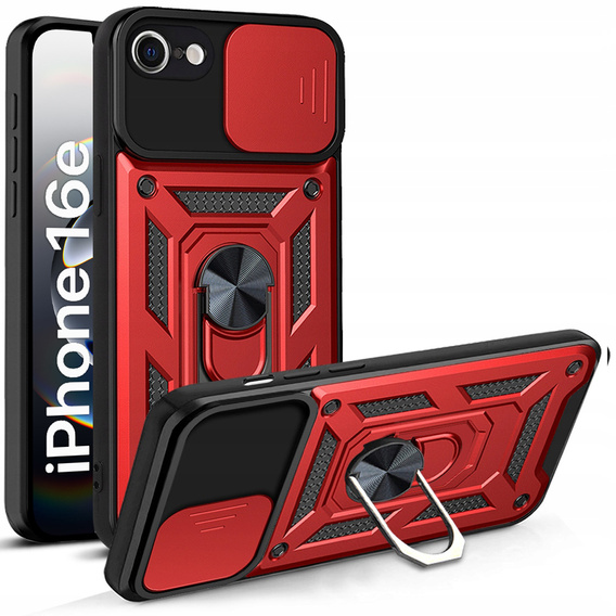 Etui pancerne do iPhone 16E, CamShield Slide, czerwone + Szkło Hartowane 9H