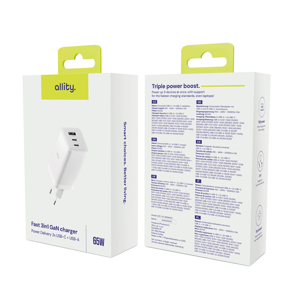 Allity ATC-01 65W GaN PD/QC – Kompaktowa ładowarka sieciowa z 3 portami - biała