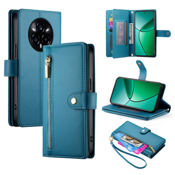 Etui z klapką do Realme 14 Pro 5G, Wallet Zipper Pocket, niebieskie