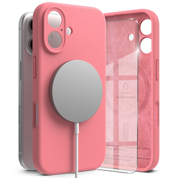 Etui Ringke do iPhone 16, Silicone MagSafe, różowe + Szkło Hartowane 9H