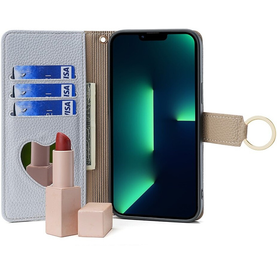 Etui z klapką do iPhone 15, Wallet Zipper Pocket, z lusterkiem, niebieskie