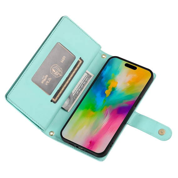 Etui z klapką do iPhone 16 Pro Max, Wallet Zipper Pocket, zielone