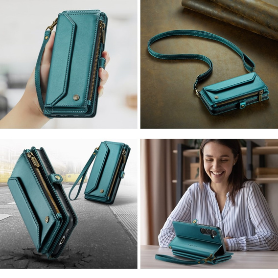 Etui CASEME do Samsung Galaxy A55 5G, RFID Leather Wallet, z paskiem na ramię, zielone