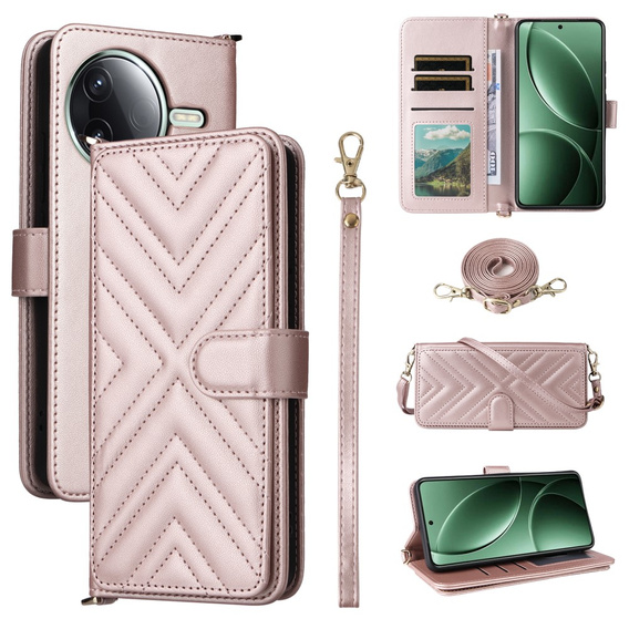 Etui z klapką do Xiaomi Poco F7 Pro / F7 Ultra, Crossbody Leather Wallet, różowe