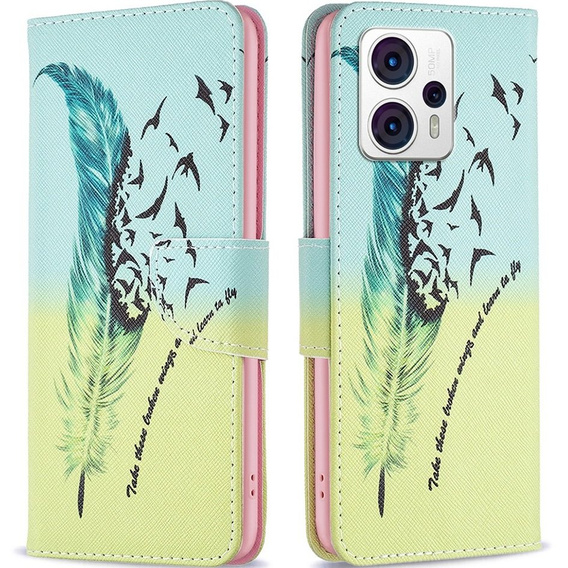 Etui z klapką do Motorola Moto G53 5G / G23 / G13, Wallet, Feather niebieskie / żółte