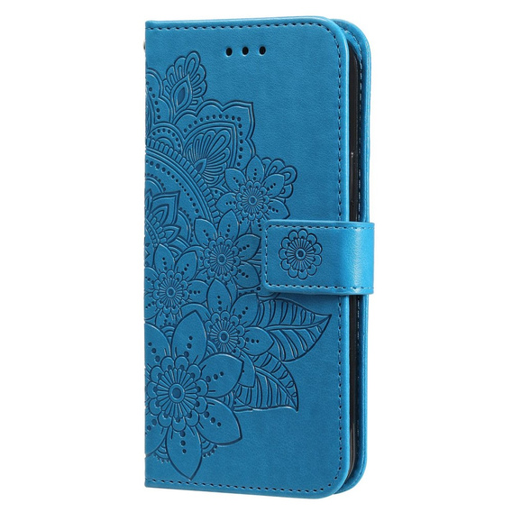 Zestaw Etui z klapką do Samsung Galaxy A14 4G/5G, portfel Mandala i kwiaty, niebieskie + szkło